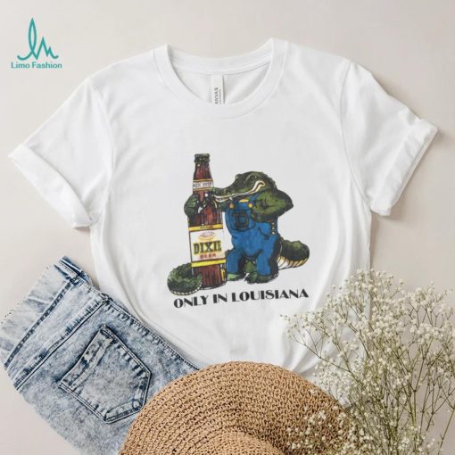 Gator holding Dixie Beer only in Louisiana vintage shirt