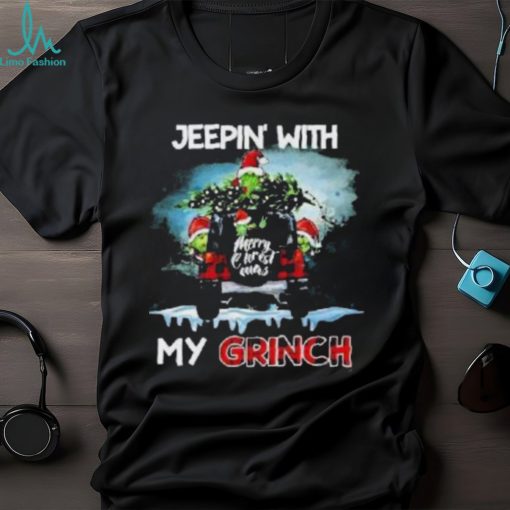 Grinch Hat Santa Car Jeepin’ With My Grinch Merry Christmas Shirt
