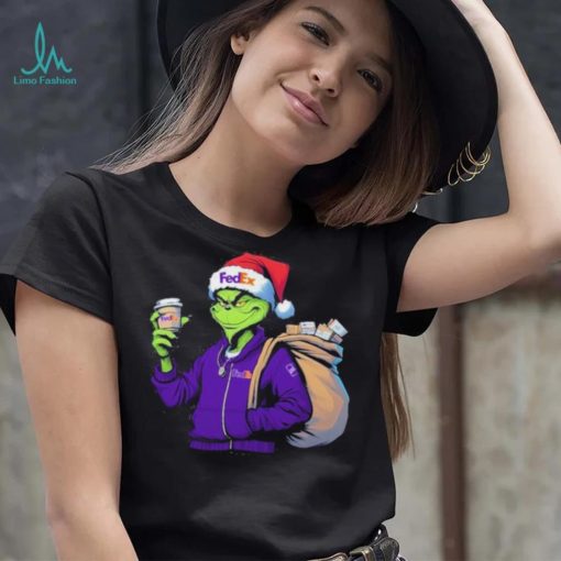 Grinch Hat Santa Hug Coffee FedEx Logo Christmas Shirt