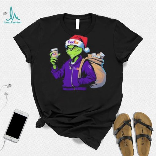 Grinch Hat Santa Hug Coffee FedEx Logo Christmas Shirt