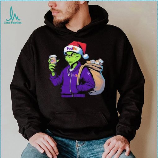 Grinch Hat Santa Hug Coffee FedEx Logo Christmas Shirt