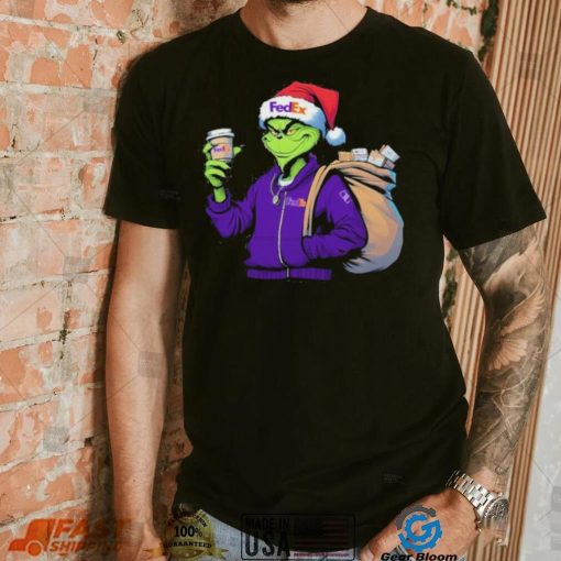 Grinch Hat Santa Hug Coffee FedEx Logo Christmas Shirt