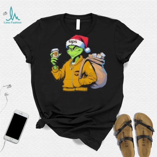 Grinch Hat Santa Hug Coffee United Parcel Service Logo Christmas Shirt