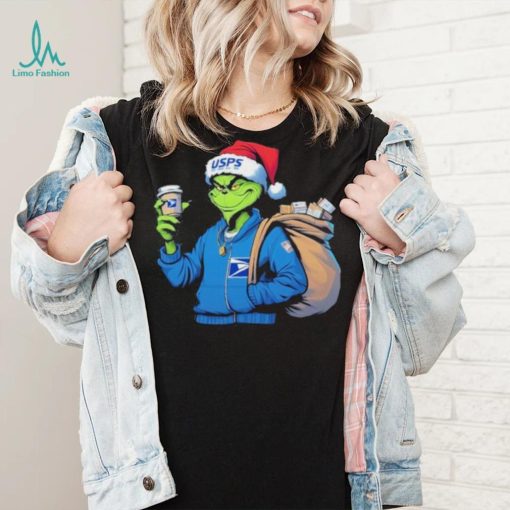 Grinch Hat Santa Hug Coffee United States Postal Service Logo Christmas Shirt