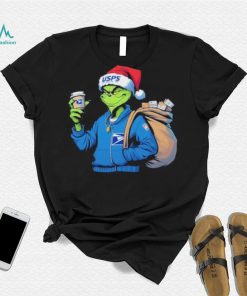 Grinch Hat Santa Hug Coffee United States Postal Service Logo Christmas Shirt