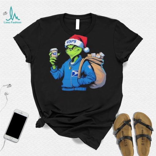 Grinch Hat Santa Hug Coffee United States Postal Service Logo Christmas Shirt