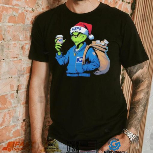 Grinch Hat Santa Hug Coffee United States Postal Service Logo Christmas Shirt