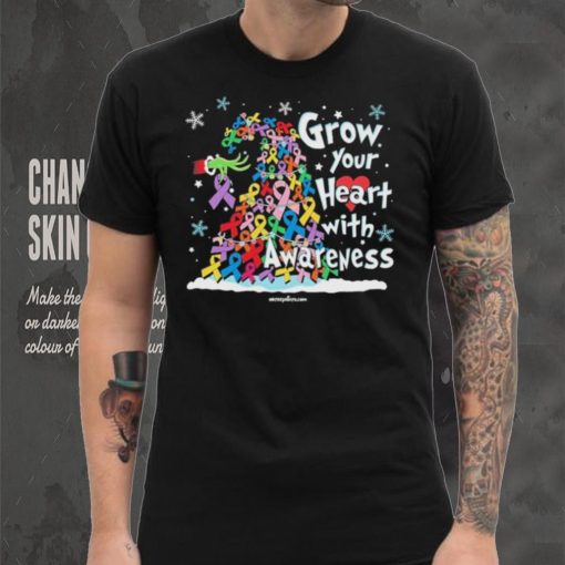 Grinch Santa Hug Cancer Grow Your Heart With Awareness Tree Merry Christmas Shirt