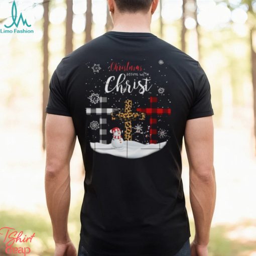 Jesus cross christmas three color leopard fabric christmas begin with christ snow design png shirt