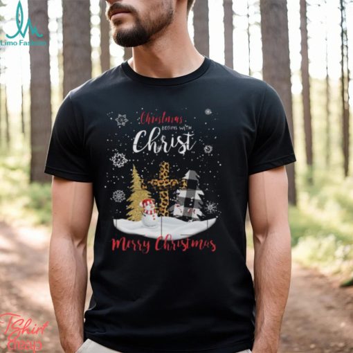 Jesus cross three christmas leopard fabric christmas begin with christ snow design png shirt