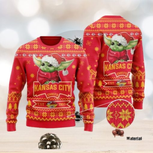 Kansas City Chiefs Cute Baby Yoda Grogu Ugly Christmas Sweater