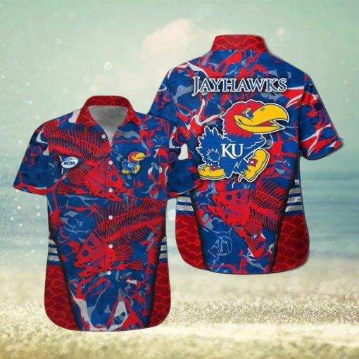 Kansas Jayhawks Fishing Short Sleeve Button Up Tropical Hawaiian Shirt