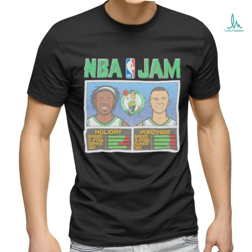 Kristaps Porzingis and Jrue Holiday NBA Jam Boston Celtics basketball shirt