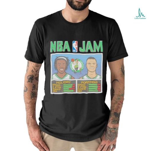 Kristaps Porzingis and Jrue Holiday NBA Jam Boston Celtics basketball shirt
