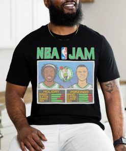 Kristaps Porzingis and Jrue Holiday NBA Jam Boston Celtics basketball shirt