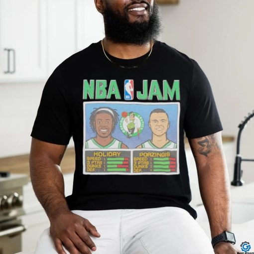Kristaps Porzingis and Jrue Holiday NBA Jam Boston Celtics basketball shirt