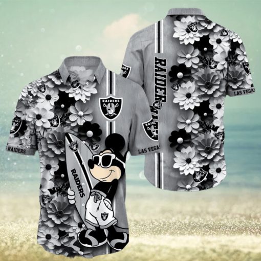 Las Vegas Raiders Surfboard Parttern Mickey Mouse Flower Hawaiian Shirt