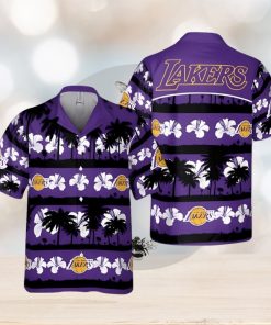 Los Angeles Lakers White Hibiscus Flower On Purple Background Print Hawaiian Shirt