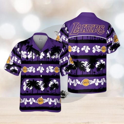 Los Angeles Lakers White Hibiscus Flower On Purple Background Print Hawaiian Shirt