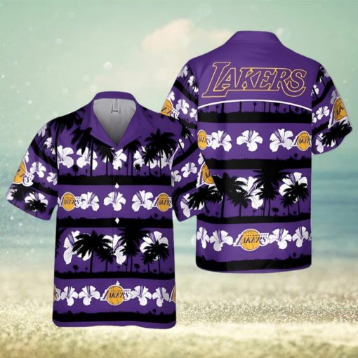 Los Angeles Lakers White Hibiscus Flower On Purple Background Print Hawaiian Shirt