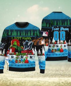 MLB I Just Wanna Miami Marlins All Day Grinch Knitting Pattern 3D Print Ugly Sweater