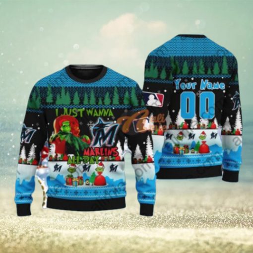 MLB I Just Wanna Miami Marlins All Day Grinch Knitting Pattern 3D Print Ugly Sweater