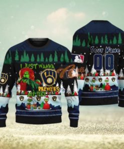 MLB I Just Wanna Milwaukee Brewers All Day Grinch Ugly Christmas Holiday Sweater