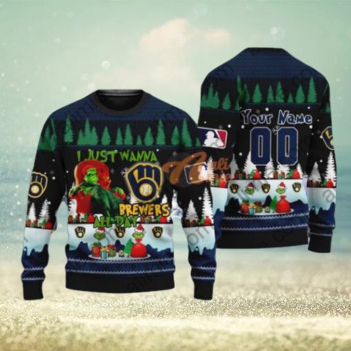 MLB I Just Wanna Milwaukee Brewers All Day Grinch Ugly Christmas Holiday Sweater