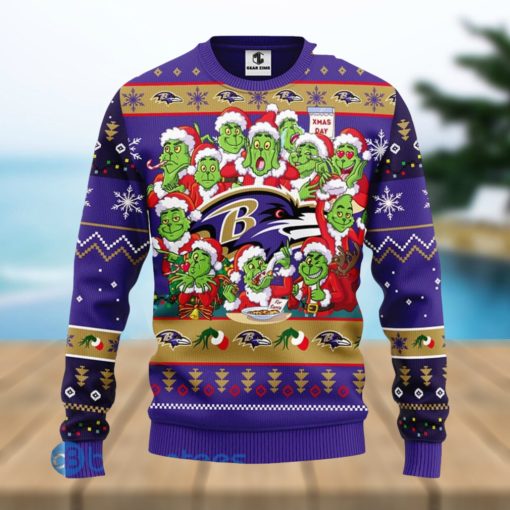 Men And Women Christmas Gift NFL Baltimore Ravens Cute 12 Grinch Face Xmas Day 3D Ugly Christmas Sweater