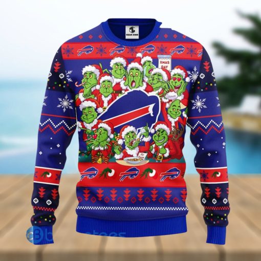 Men And Women Christmas Gift NFL Buffalo Bills Cute 12 Grinch Face Xmas Day 3D Ugly Christmas Sweater