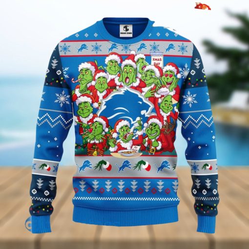 Men And Women Christmas Gift NFL Detroit Lions Cute 12 Grinch Face Xmas Day 3D Ugly Christmas Sweater