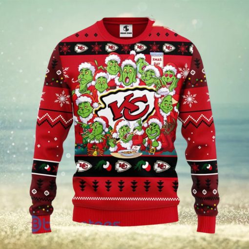 Men And Women Christmas Gift NFL Kansas City Chiefs Cute 12 Grinch Face Xmas Day 3D Ugly Christmas Sweater