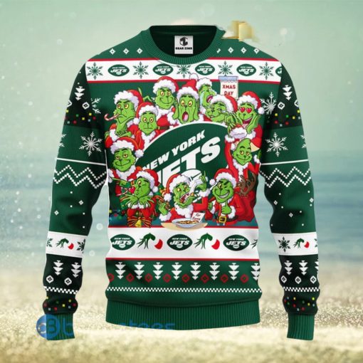 Men And Women Christmas Gift NFL New York Jets Cute 12 Grinch Face Xmas Day 3D Ugly Christmas Sweater