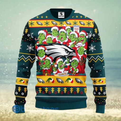 Men And Women Christmas Gift NFL Philadelphia Eagles Cute 12 Grinch Face Xmas Day 3D Ugly Christmas Sweater