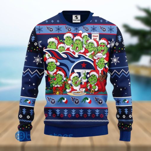 Men And Women Christmas Gift NFL Tennessee Titans Cute 12 Grinch Face Xmas Day 3D Ugly Christmas Sweater