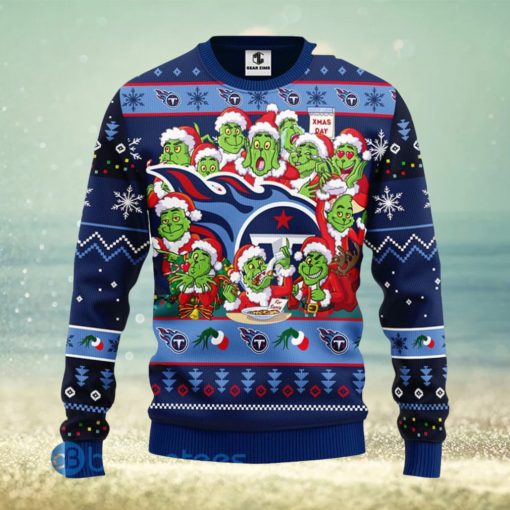 Men And Women Christmas Gift NFL Tennessee Titans Cute 12 Grinch Face Xmas Day 3D Ugly Christmas Sweater