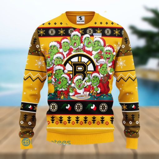 Men And Women Christmas Gift NHL Boston Bruins Cute 12 Grinch Face Xmas Day 3D Ugly Christmas Sweater