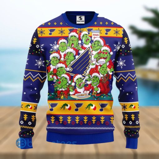 Men And Women Christmas Gift NHL St. Louis Blues Cute 12 Grinch Face Xmas Day 3D Ugly Christmas Sweater