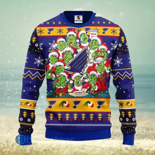 Men And Women Christmas Gift NHL St. Louis Blues Cute 12 Grinch Face Xmas Day 3D Ugly Christmas Sweater