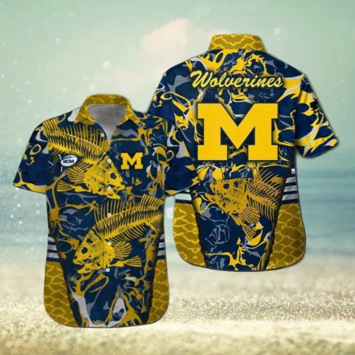 Michigan Wolverines Fishing Short Sleeve Button Up Tropical Hawaiian Shirt