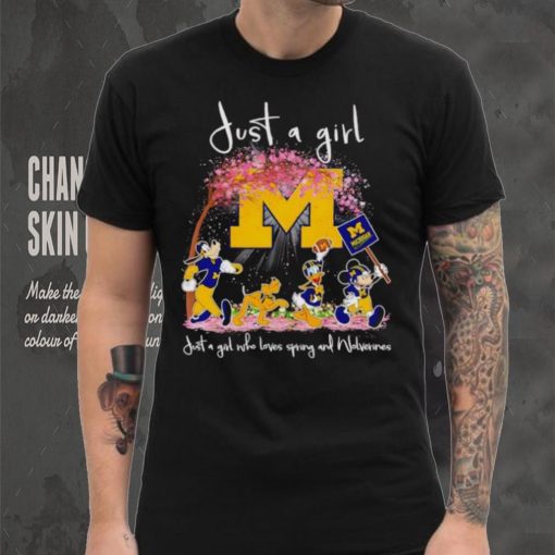Mickey and friends just a girl who loves spring and Michigan Wolverines shirt
