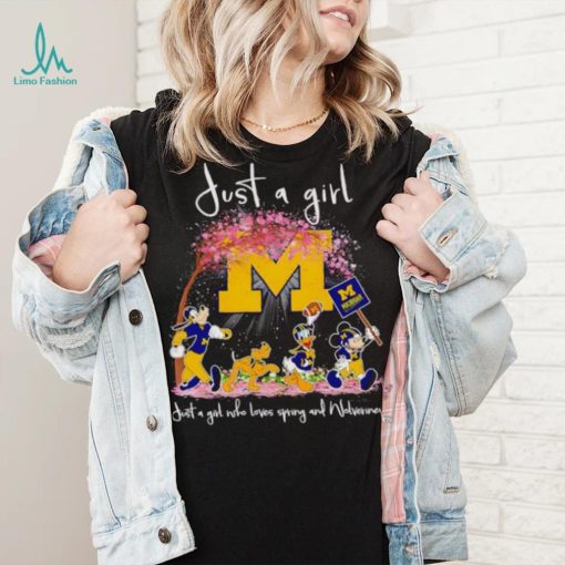 Mickey and friends just a girl who loves spring and Michigan Wolverines shirt