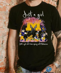Mickey and friends just a girl who loves spring and Michigan Wolverines shirt