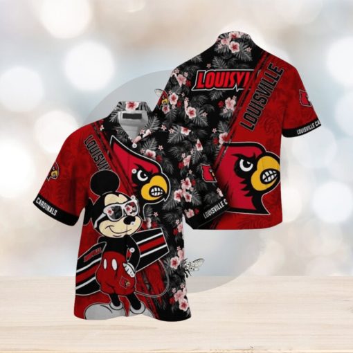 NCAA Louisville Cardinals Hawaiian Shirt Mickey And Floral Pattern