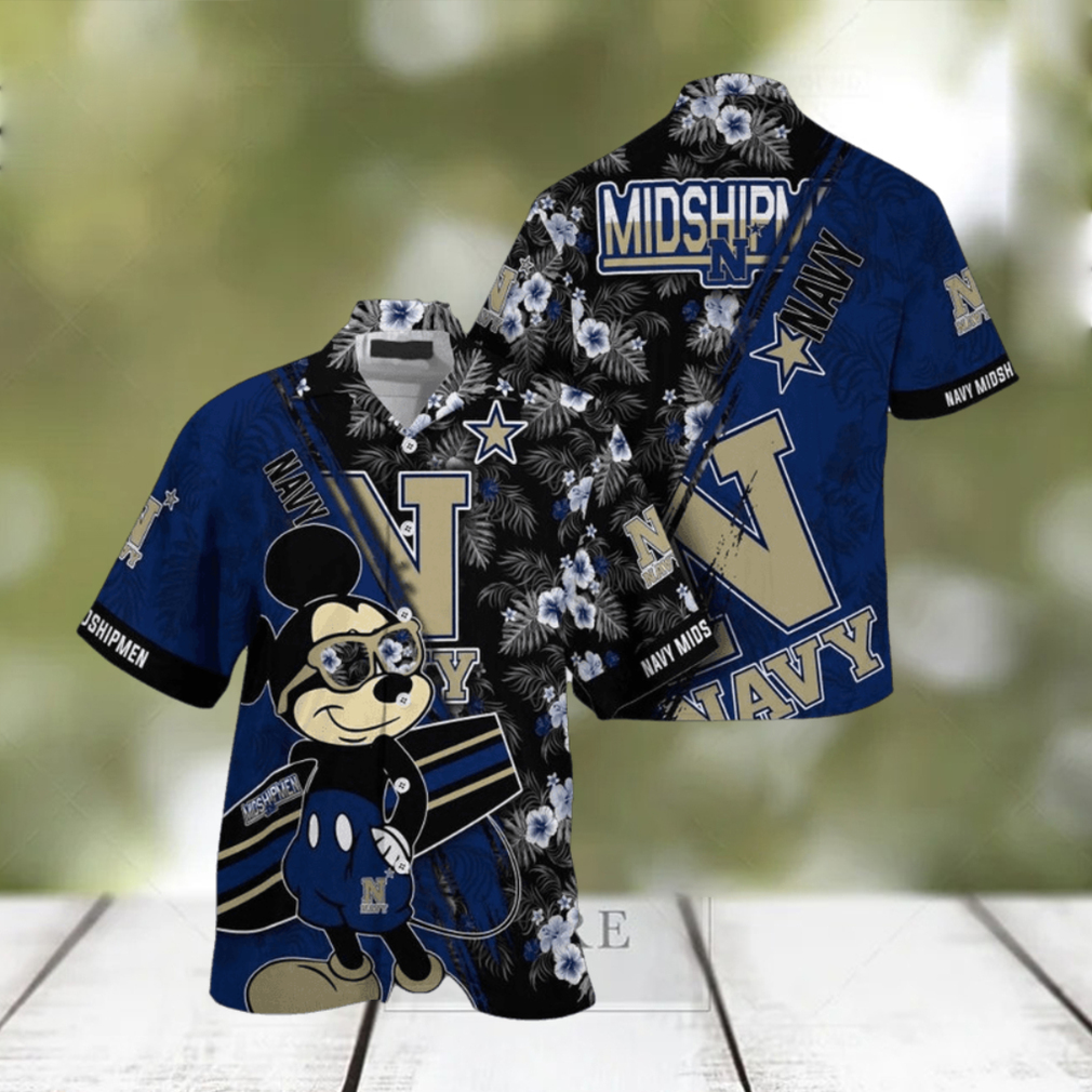 NCAA Navy Midshipmen Hawaiian Shirt Mickey And Floral Pattern NCAA Navy Midshipmen Hawaiian Shirt Mickey And Floral Pattern