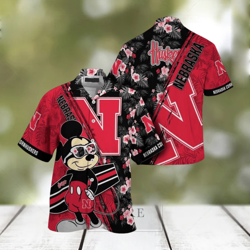 NCAA Nebraska Cornhuskers Hawaiian Shirt Mickey And Floral Pattern NCAA Nebraska Cornhuskers Hawaiian Shirt Mickey And Floral Pattern