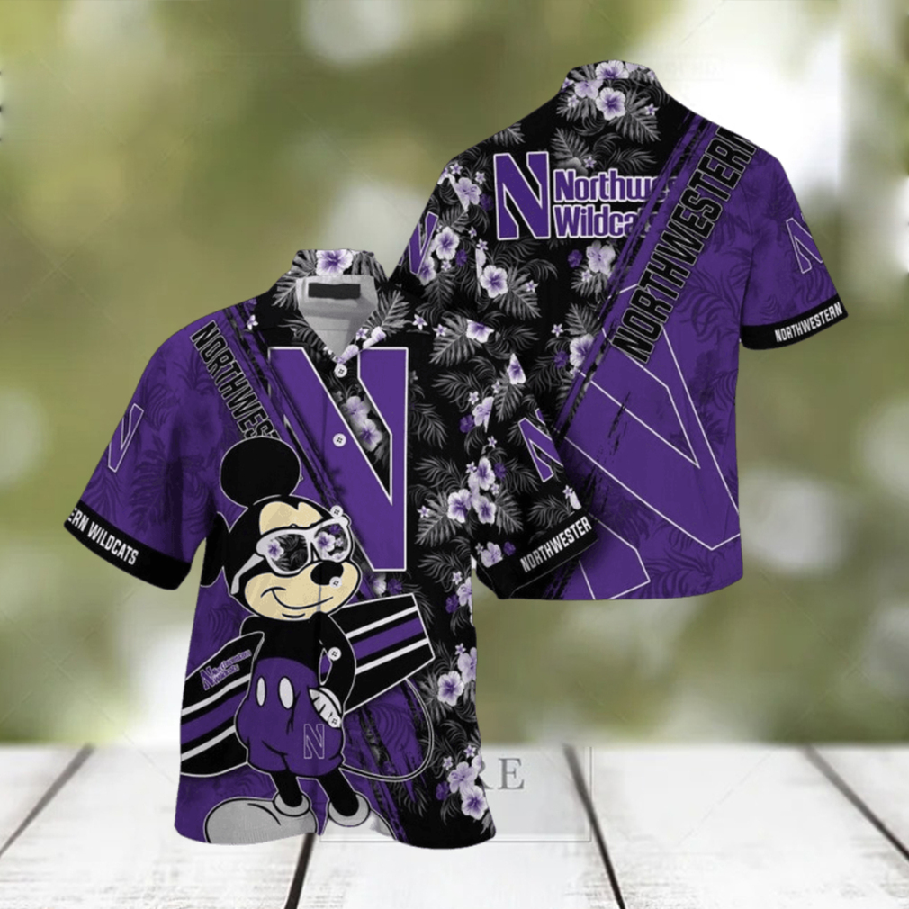 NCAA Northwestern Wildcats Hawaiian Shirt Mickey And Floral Pattern NCAA Northwestern Wildcats Hawaiian Shirt Mickey And Floral Pattern