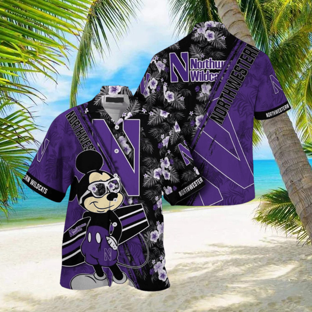 NCAA Northwestern Wildcats Hawaiian Shirt Mickey And Floral Pattern NCAA Northwestern Wildcats Hawaiian Shirt Mickey And Floral Pattern