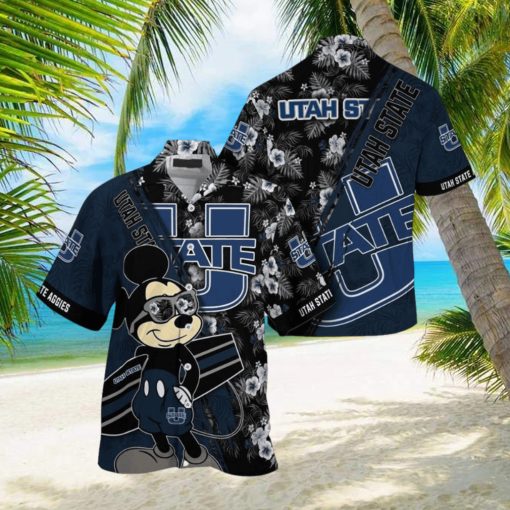 NCAA Utah State Aggies Hawaiian Shirt Mickey And Floral Pattern