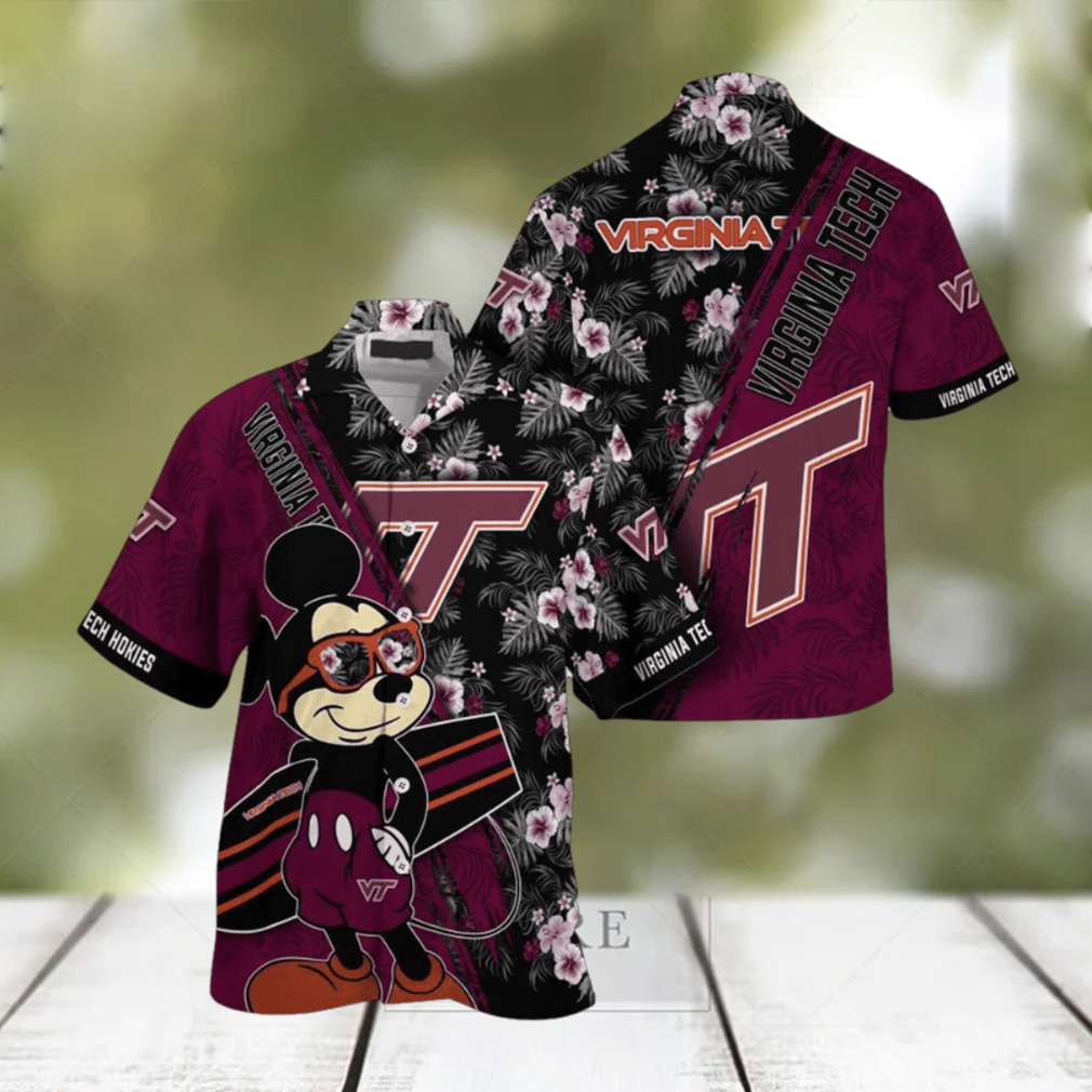 NCAA Virginia Tech Hokies Hawaiian Shirt Mickey And Floral Pattern NCAA Virginia Tech Hokies Hawaiian Shirt Mickey And Floral Pattern